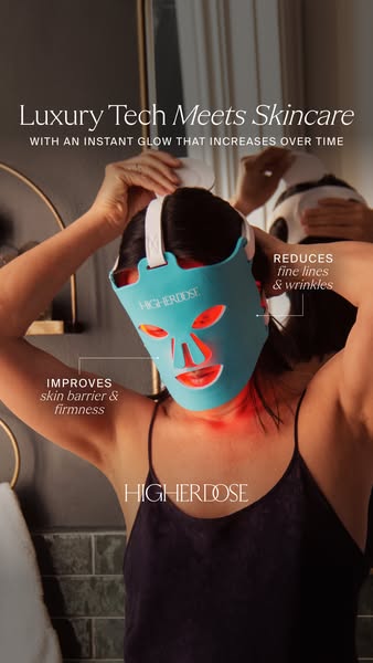 This ad for HigherDOSE features a woman using the brand's LED face mask. The ad highlights the mask's ability to