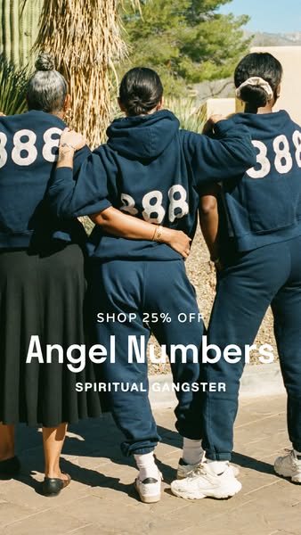 This ad features three women in matching blue Spiritual Gangster hoodies and sweatpants. A text overlay promotes a 25% o