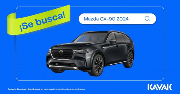 This image ad for Kavak features a black Mazda CX-90 2024 against a bright blue background. The ad uses a search bar mot