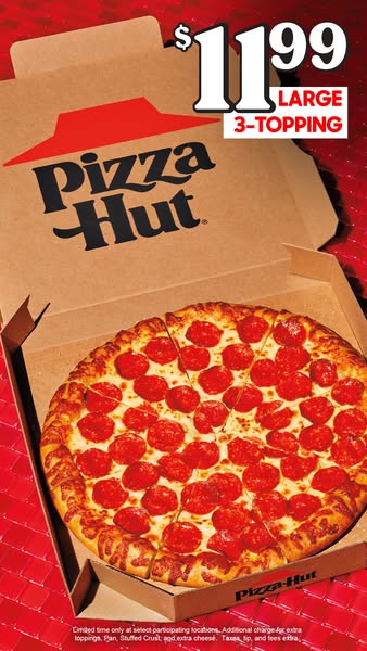 This image ad for Pizza Hut promotes a large 3-topping pizza for $11.99. The ad features a close-up shot of a pepperoni