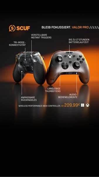 This ad showcases the SCUF Valor Pro wireless performance Xbox controller, highlighting its features such as tri-mode co