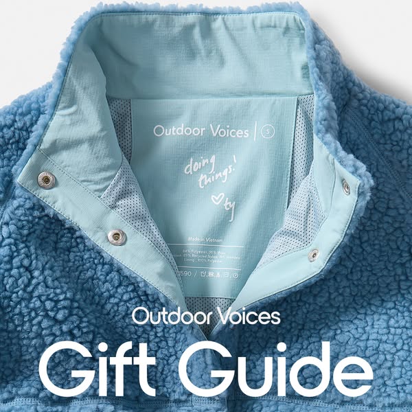 This ad for Outdoor Voices features a close-up shot of a blue fleece jacket, highlighting the brand's gift guide.