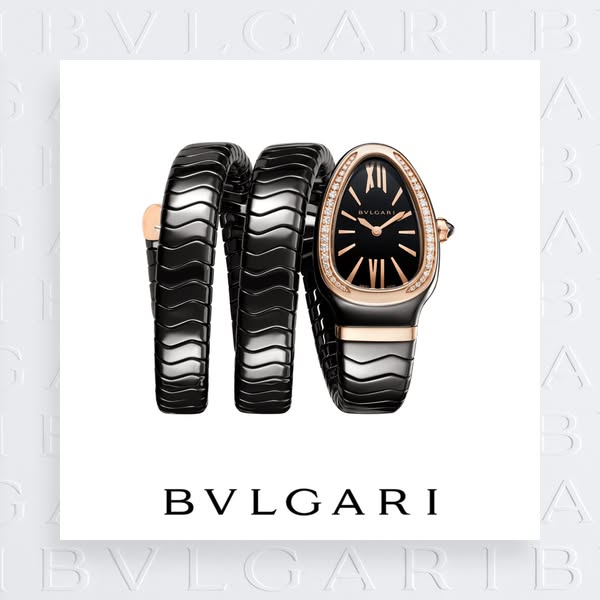 This ad showcases a Bulgari watch with a black and rose gold color scheme. The watch is displayed against a white backgr