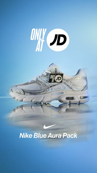This ad showcases Nike's 'Blue Aura Pack' sneakers, available exclusively at JD Sports. The visual presentat