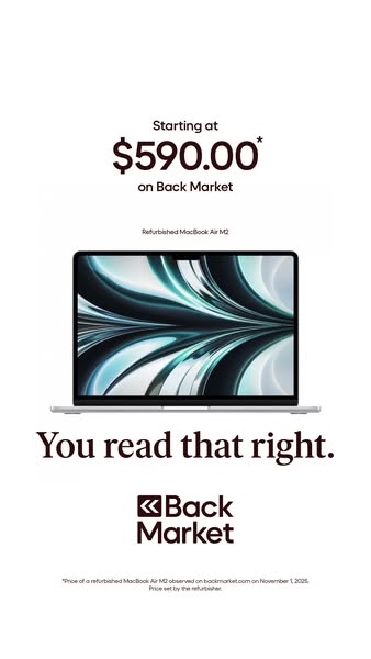This ad promotes refurbished MacBook Air M2 laptops available on Back Market, highlighting a starting price of $590.00.