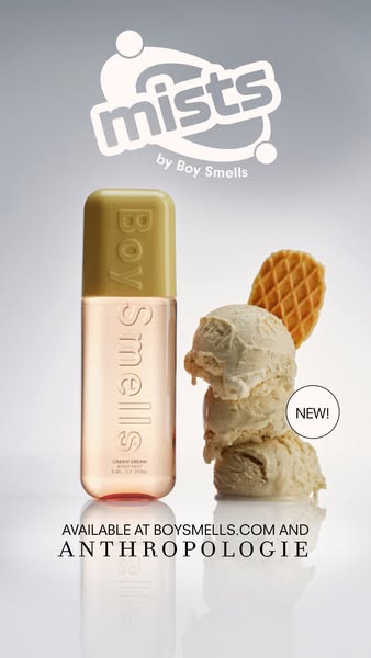 This ad features Boy Smells' Cream Dream Body Mist alongside an ice cream cone, suggesting a sweet and refreshing sc