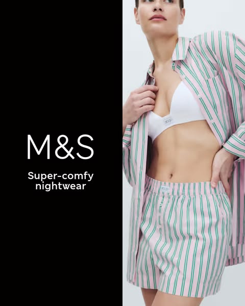 This Meta image ad promotes M&S super-comfy nightwear featuring a model wearing a pink and green striped pajama set.