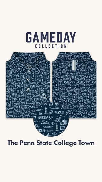 This ad features a Penn State themed polo shirt. The ad highlights the shirt's design, which features various Penn S