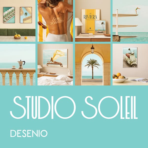 This ad for Desenio features a grid layout of vacation-themed images and displays Studio Soleil by Desenio.