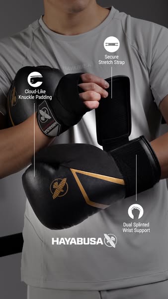 This ad showcases Hayabusa boxing gloves, highlighting their cloud-like knuckle padding, secure stretch strap, and dual 