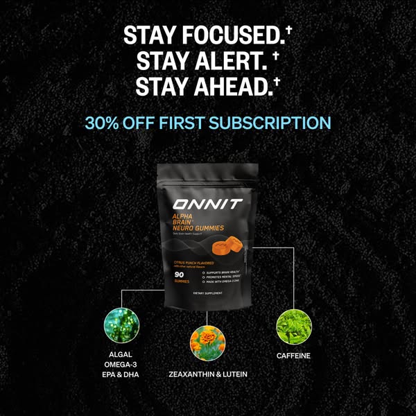 This image ad for Onnit Alpha Brain Neuro Gummies highlights the product's key ingredients and offers a discount on 
