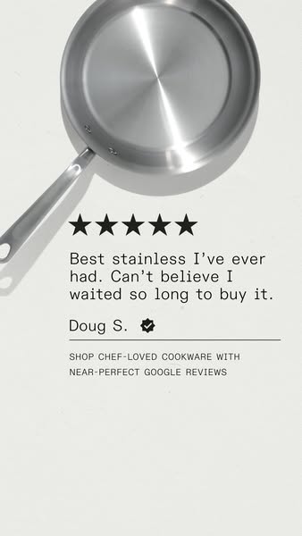 This ad features a testimonial from a customer about the brand's stainless steel cookware. The ad uses a five-star r