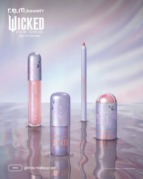 This ad showcases the r.e.m. beauty Glinda makeup set, a collaboration with Wicked the musical, featuring a lip gloss, s