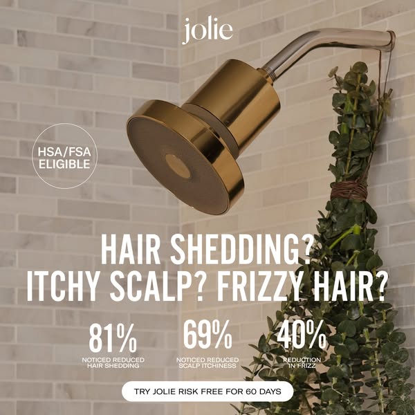 This image ad for Jolie highlights the benefits of the brand's filtered showerhead, specifically its positive impact