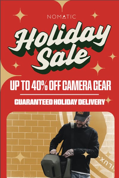This ad promotes a holiday sale on camera gear from Nomatic, offering up to 40% off and guaranteed holiday delivery. It 
