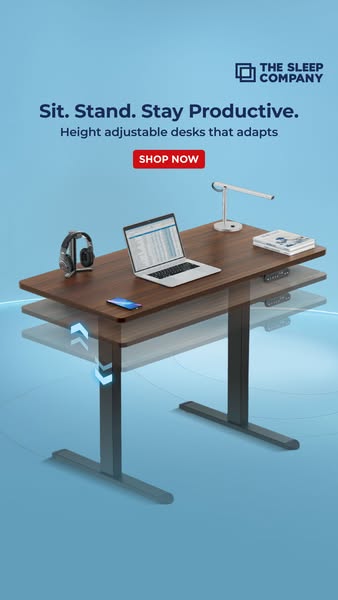 This static image ad for The Sleep Company features a height-adjustable desk. It highlights the product's ability to