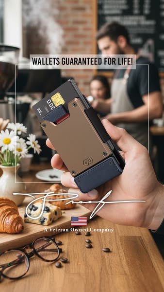This image ad showcases a metal wallet in a coffee shop setting. The ad highlights the wallet's durability with the 