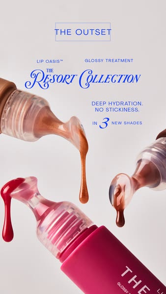 Ad showcasing three Lip Oasis Glossy Treatment products from The Outset, highlighting their deep hydration and non-stick