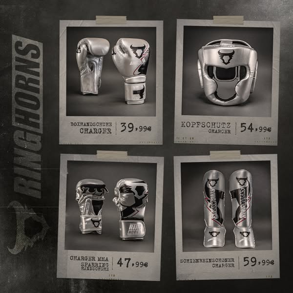 This ad is a product collage of silver boxing equipment from Ringhorns, with 4 product photos in polaroid frames, each s