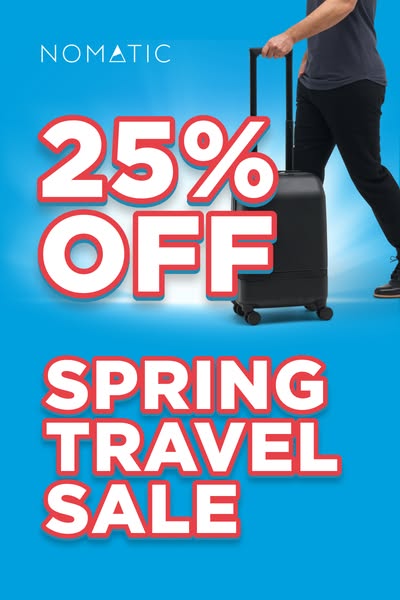This image ad for Nomatic advertises a Spring Travel Sale offering 25% off. A person in casual clothes walks past, pulli