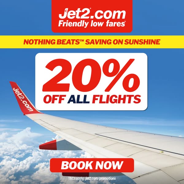 This image ad for Jet2 promotes 20% off all flights. The image features the wing of an airplane against a blue sky with 