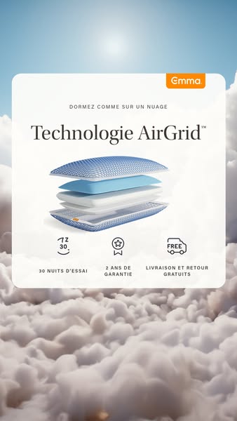 This ad showcases the Emma pillow and its AirGrid technology, emphasizing comfort and quality sleep. It highlights a tri