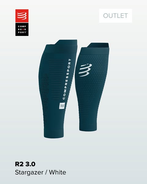 A product display image ad promoting Compressport's R2 3.0 Stargazer/White calf compression sleeves.