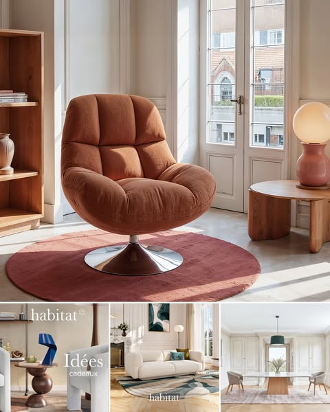 An eye-level interior shot showcases a cozy, modern swivel chair in a staged living space, supported by smaller vignette
