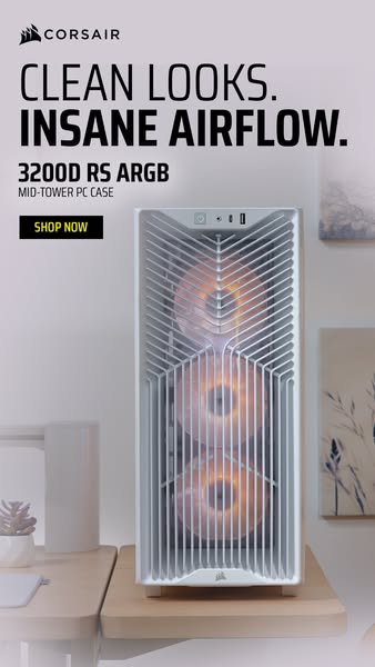 This ad showcases the Corsair 3200D RS ARGB mid-tower PC case, emphasizing its clean aesthetic and excellent airflow.