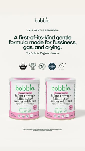 This ad for Bobbie Organic Gentle infant formula highlights that it is a first-of-its-kind gentle formula made for fussi