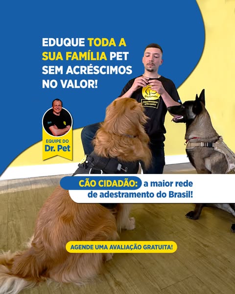 This image ad promotes Cão Cidadão, a dog training service in Brazil. It features a man, presumably a dog trainer, stand