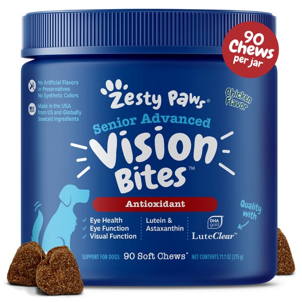 This ad promotes Zesty Paws Senior Advanced Vision Bites, a chicken-flavored supplement for dogs. The ad highlights the 
