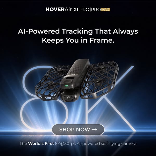 This ad promotes the HOVERAir X1 PRO|PROMAX, highlighting its AI-powered tracking capabilities and high-resolution video