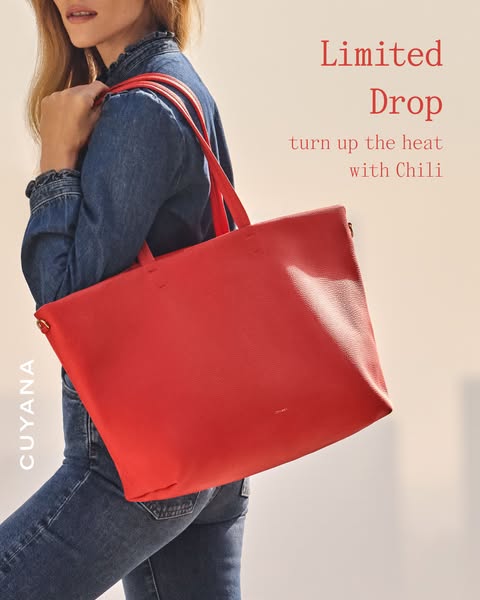 This ad features a woman wearing a Cuyana tote bag and promotes the brand's limited-edition Chili color.