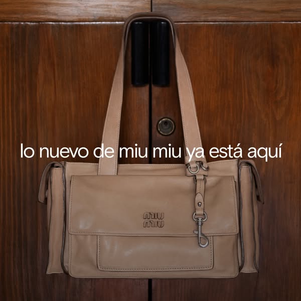 This image ad shows a new Miu Miu bag against a wooden backdrop. The focus is solely on the bag and its design.