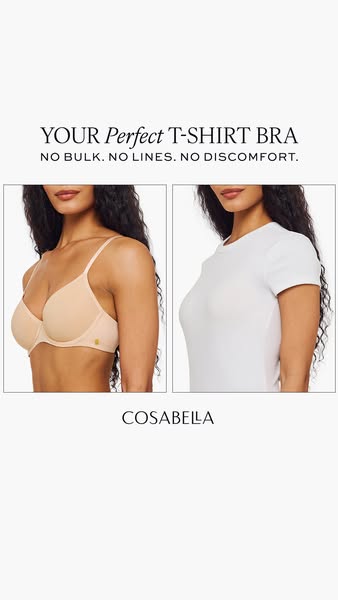 This ad showcases the Cosabella t-shirt bra, highlighting its key features of providing a smooth, bulk-free look under c