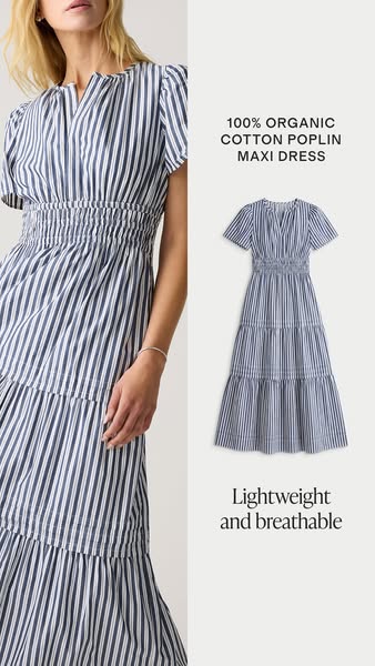 This is an image ad for a 100% organic cotton poplin maxi dress. The ad highlights the lightweight and breathable qualit