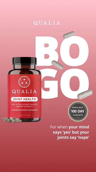 This ad for Qualia Joint Health promotes a buy-one-get-one offer while highlighting the product's ability to support