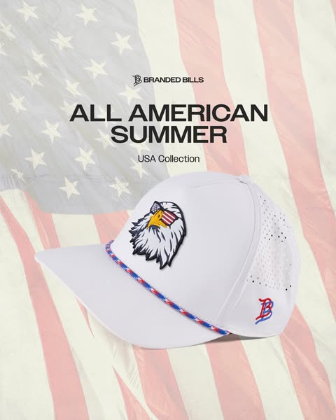 This image ad for Branded Bills features a white baseball cap with an American flag-themed eagle patch against a blurred