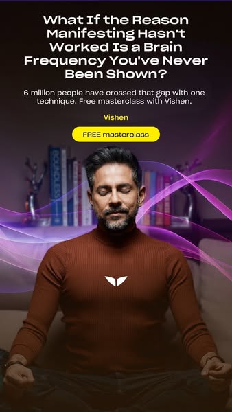This image ad uses an image of Vishen Laskhiani, the founder of Mindvalley, meditating. It draws viewers in by asking if