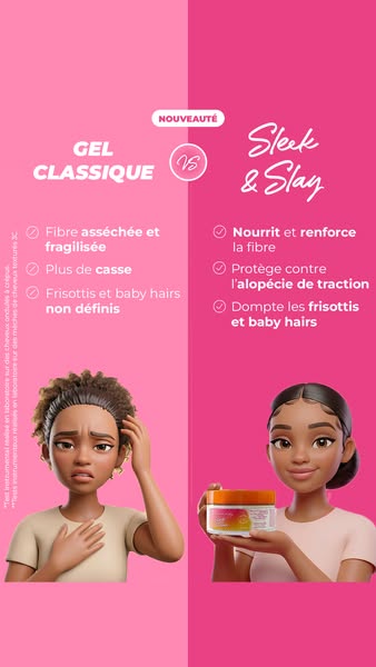 This ad compares the effects of "Gel Classique" to "Sleek & Slay" on two animated women's ha