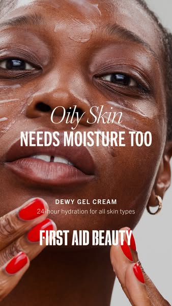 This First Aid Beauty image ad features a close-up shot of a woman's face with oily skin and the product applied. It