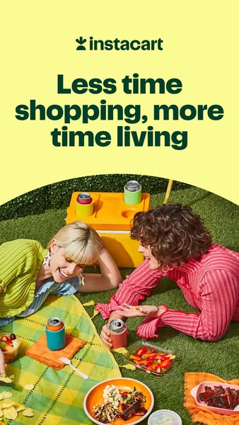 This image ad for Instacart shows two women enjoying a picnic on the grass. They are surrounded by food and drinks that 