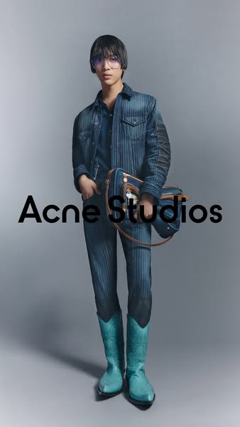 This ad features a person posing in a coordinated outfit from the fashion brand Acne Studios. The ad is likely intended 