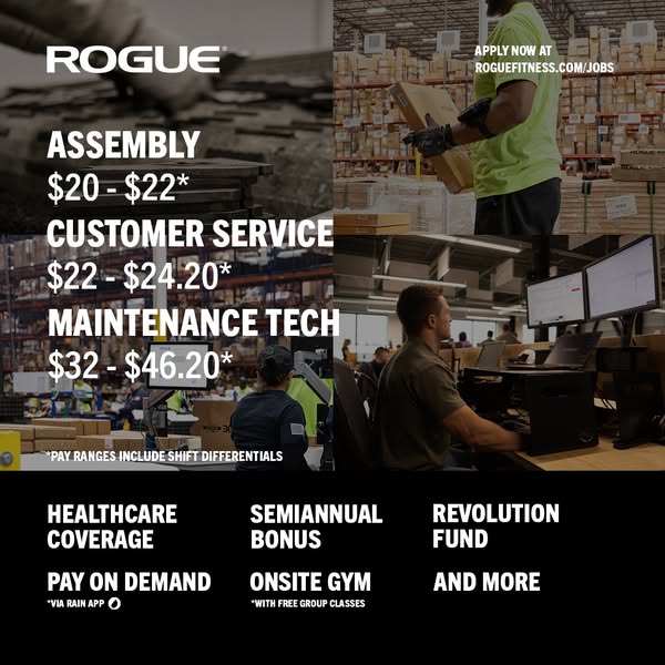 This image ad for Rogue Fitness advertises jobs for assembly, customer service, and maintenance tech with benefits such 