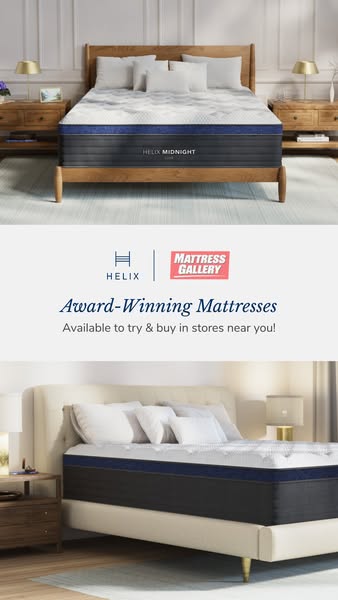 This ad showcases Helix mattresses in staged bedroom settings and informs viewers that they can try and buy Helix mattre
