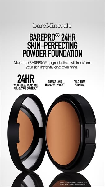 This ad showcases bareMinerals' BAREPRO 24HR Skin-Perfecting Powder Foundation, highlighting its key features such a