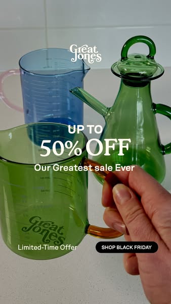 This ad for Great Jones features a limited-time offer of up to 50% off during their greatest sale ever. The ad showcases