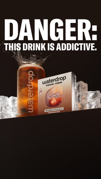 This ad features Waterdrop's Cola flavor hydration cube, emphasizing its addictive nature through a striking visual 