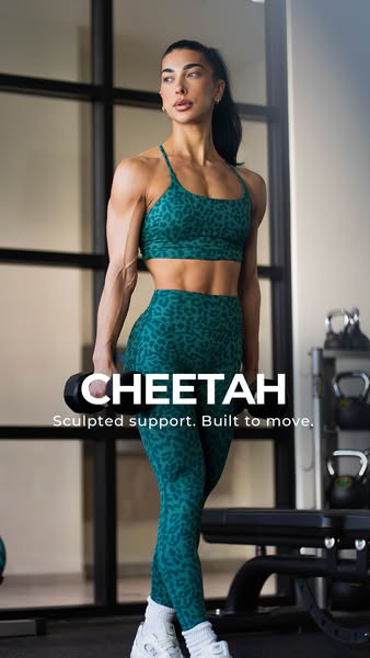 This ad showcases a woman in fitness apparel and mentions 'Cheetah' and 'Sculpted support. Built to move.